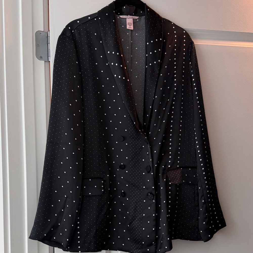 Victoria's Secret Black Satin Polka Dot Double-Breasted Blazer
